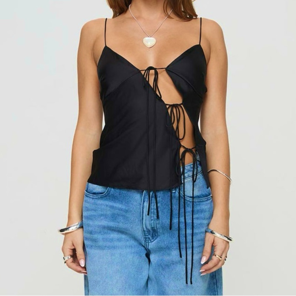 MUSERA Going Out Satin Tie Front Cami Top, Size XS